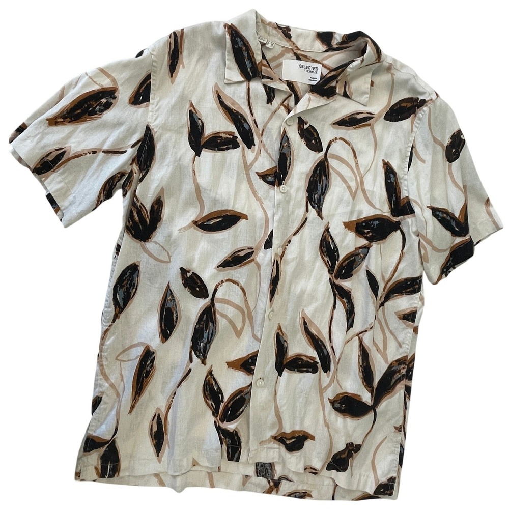 Selected Homme Mens Linen Blend Leaf Print Resort Shirt Cream Brown XL